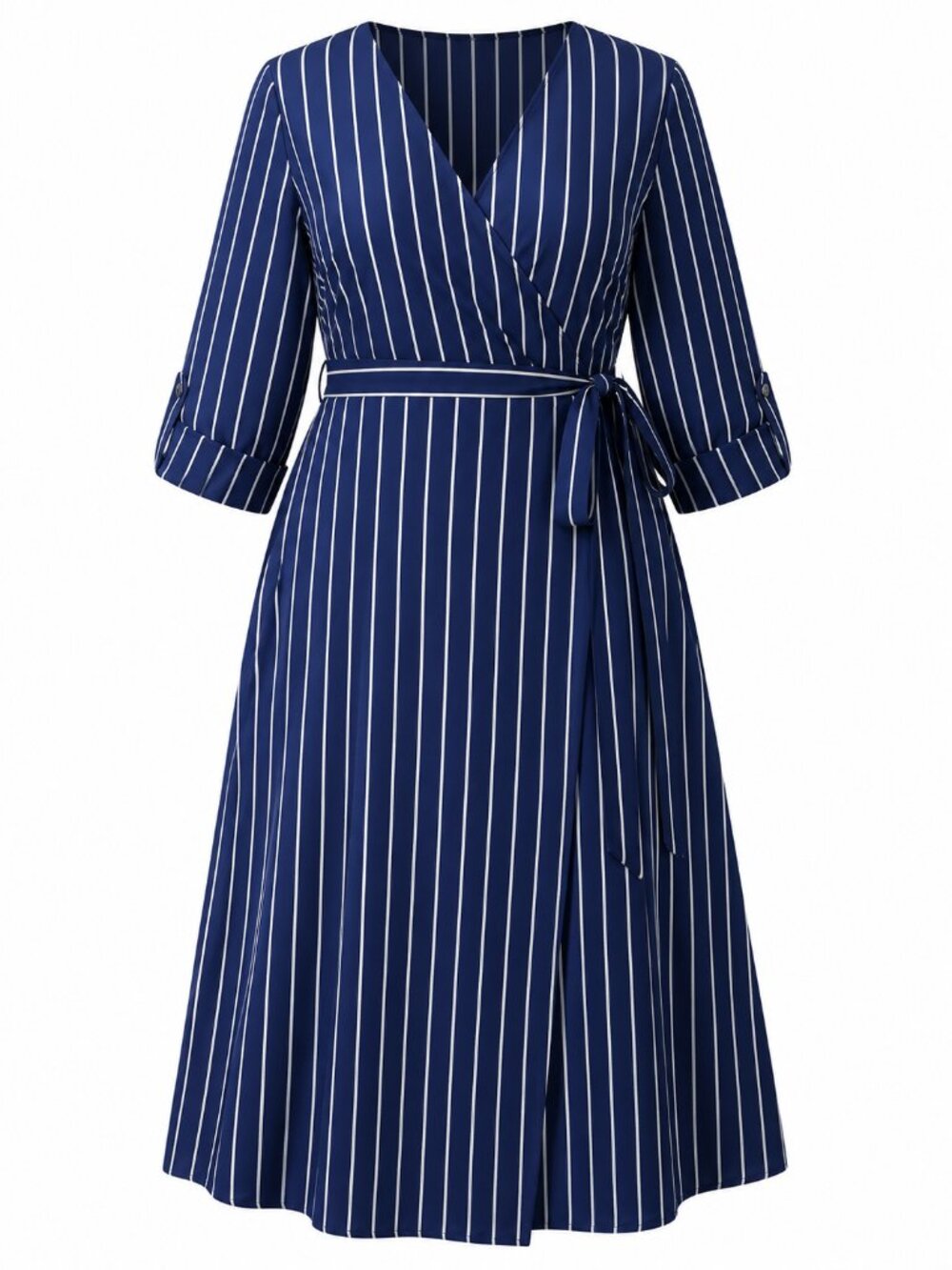 Anna-Kaci Navy & White Vertical Stripe Long-Sleeve Wrap Dress